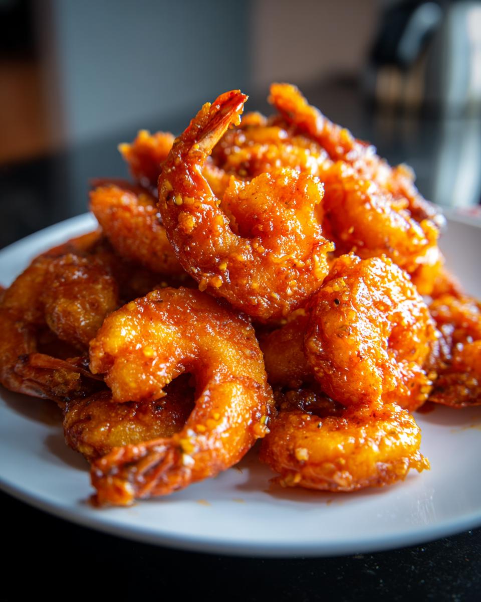 A close-up stack of crispy, saucy Air Fryer Buffalo Shrimp piled high on a white plate.