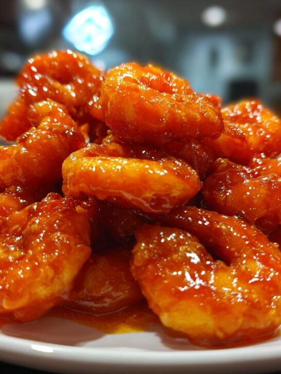 A close-up of a mound of crispy, glazed Air Fryer Buffalo Shrimp piled high on a white plate.