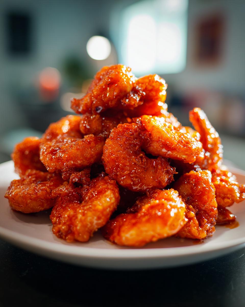 A close-up of a mound of crispy, saucy Air Fryer Buffalo Shrimp piled high on a white plate.