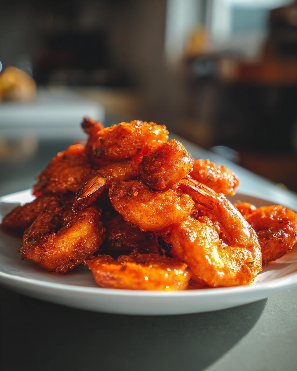 A close-up of a pile of glistening, saucy Air Fryer Buffalo Shrimp served on a white plate.