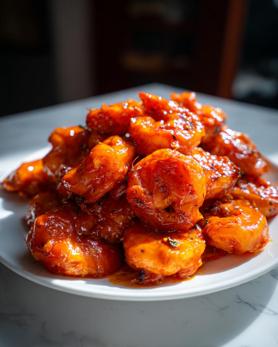 A close-up of a mound of glossy, orange Air Fryer Buffalo Shrimp piled high on a white plate.