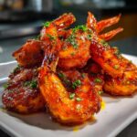 A close-up of glossy, saucy Air Fryer Buffalo Shrimp piled high on a white plate, garnished with fresh parsley.