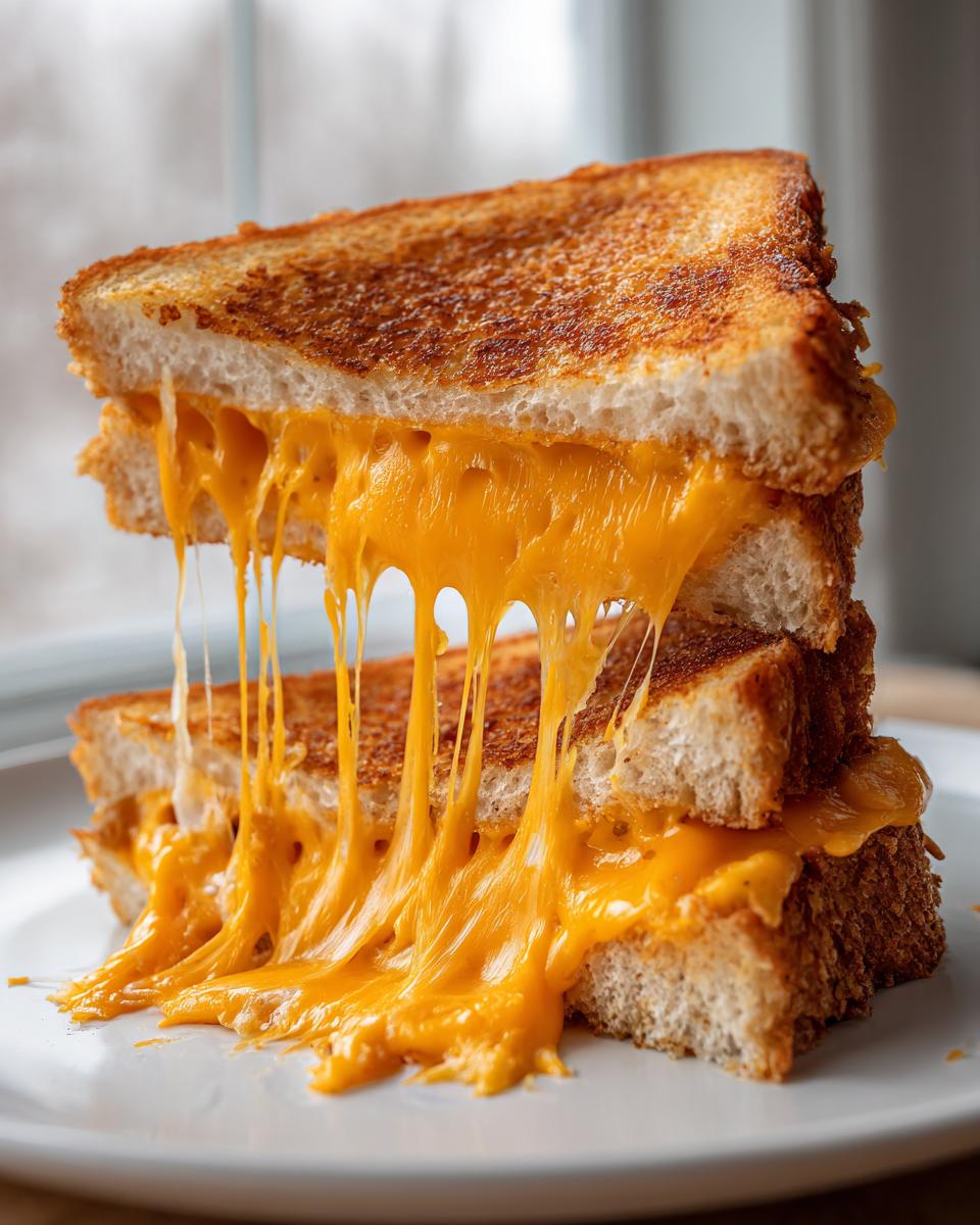 Close-up of stacked Air Fryer Grilled Cheese sandwiches with extreme, gooey, melted cheese pull.