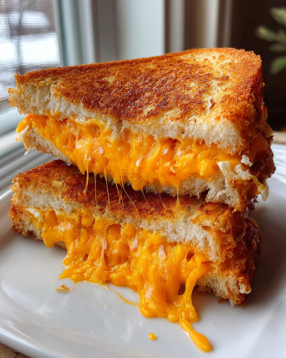 Close-up of a halved Air Fryer Grilled Cheese sandwich with incredibly gooey, melted cheddar cheese stretching between the slices.