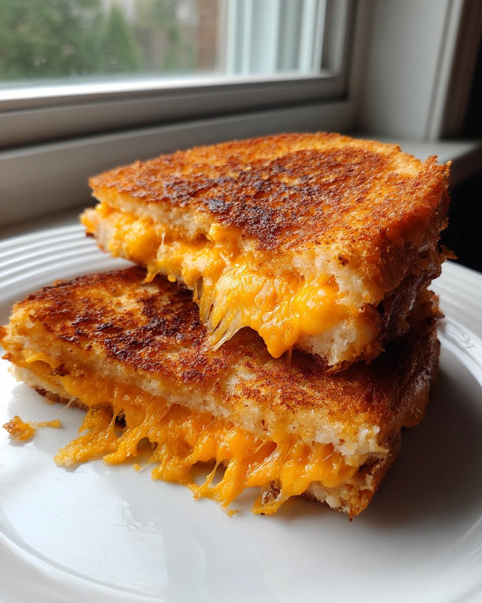 Two halves of a golden brown Air Fryer Grilled Cheese sandwich stacked, showing melted cheddar cheese stretching out.