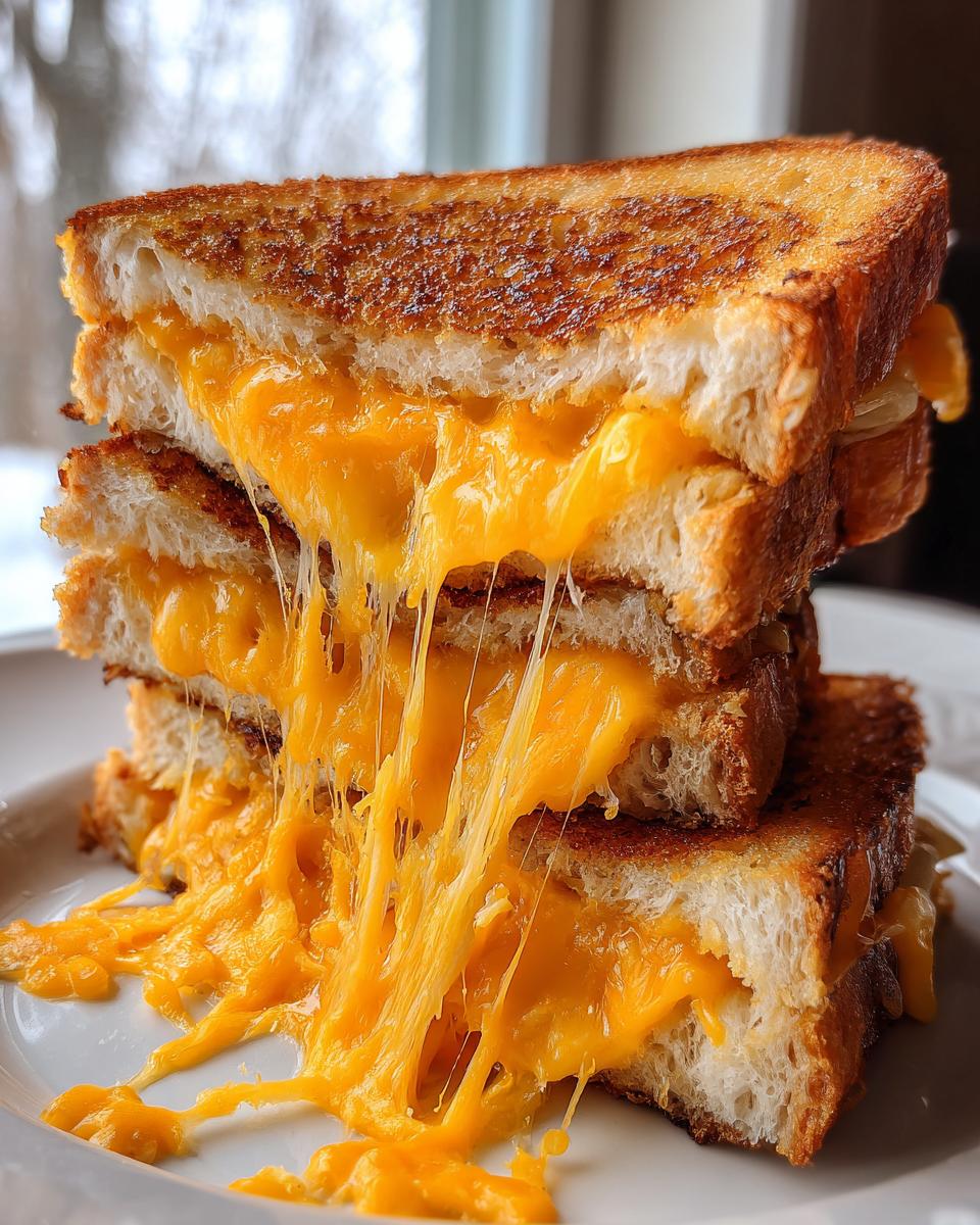 A tall stack of golden brown Air Fryer Grilled Cheese sandwiches showing extreme, gooey cheese pull.