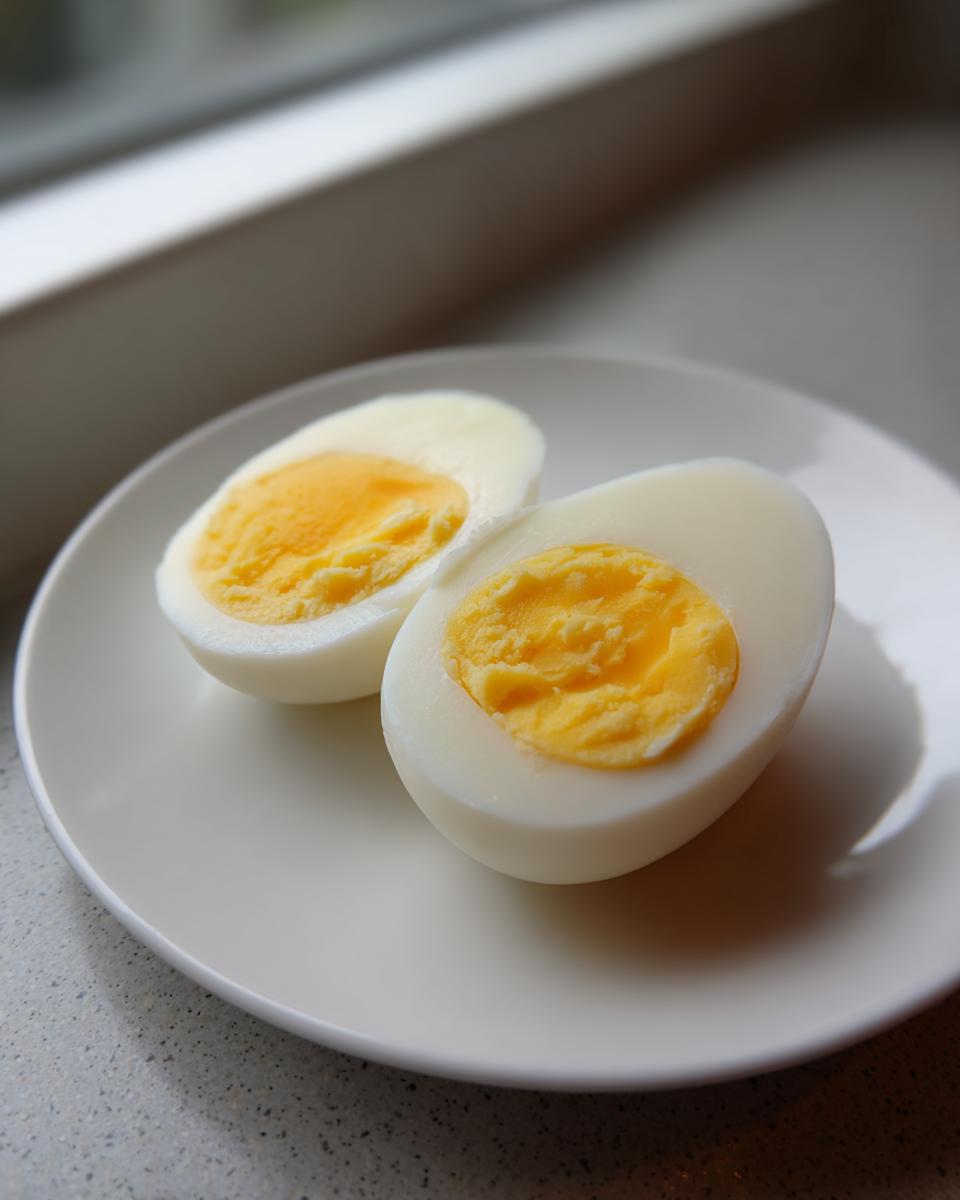 Two halves of a perfectly cooked Air Fryer Hard Boiled Eggs showing firm white and bright yellow yolk on a white plate.