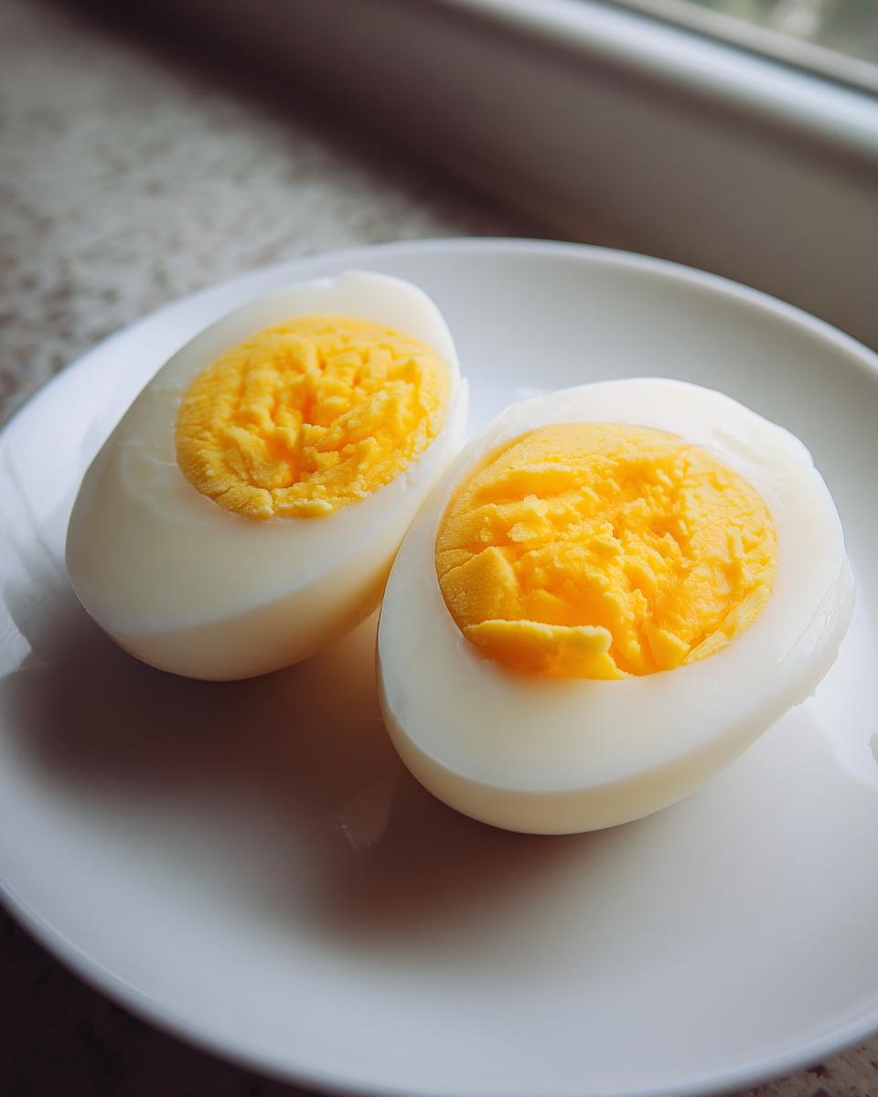 Two halves of a perfectly cooked Air Fryer Hard Boiled Eggs showing firm white and bright yellow yolk on a white plate.