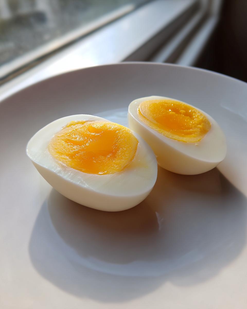 Two halves of an Air Fryer Hard Boiled Eggs showing a bright, slightly jammy orange yolk on a white plate.