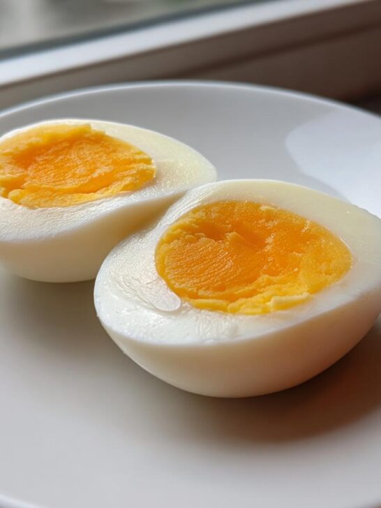Two halves of a perfectly cooked Air Fryer Hard Boiled Eggs showing a bright, slightly jammy orange yolk.