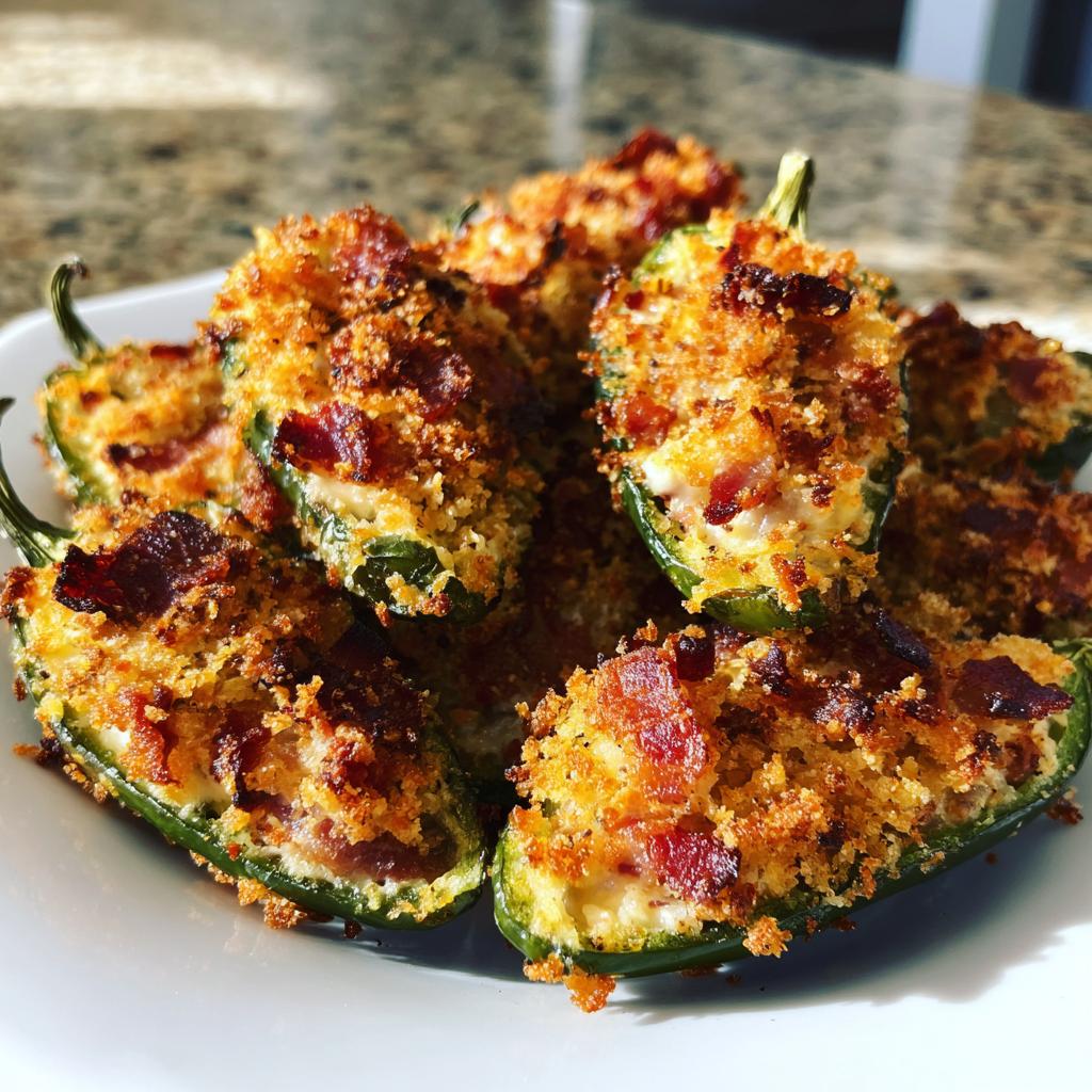 A plate piled high with crispy, bacon-topped Air Fryer Jalapeno Poppers stuffed with creamy filling.