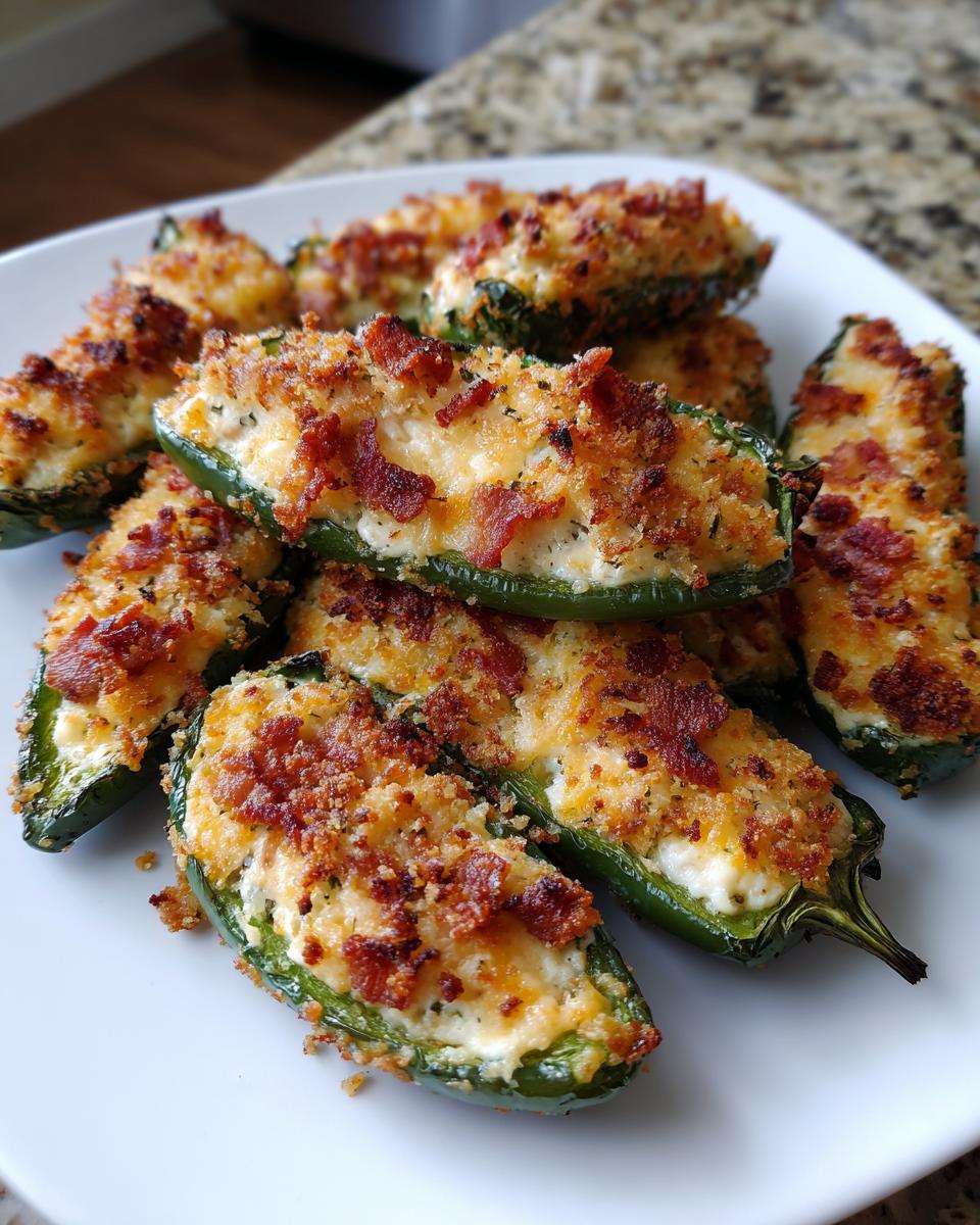 A plate piled high with crispy, bacon-topped Air Fryer Jalapeno Poppers stuffed with creamy filling.
