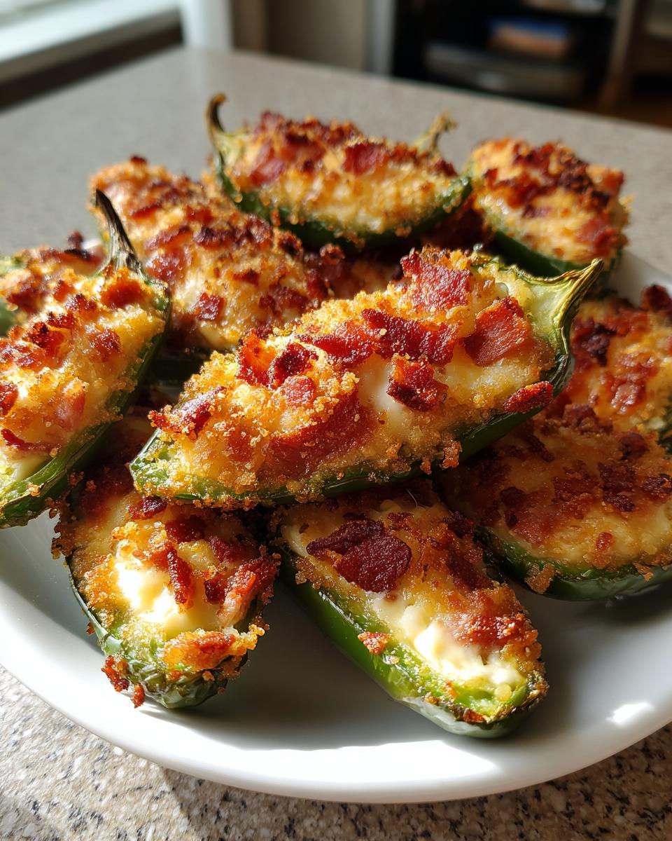 A plate piled high with golden brown Air Fryer Jalapeno Poppers topped with crispy bacon bits.