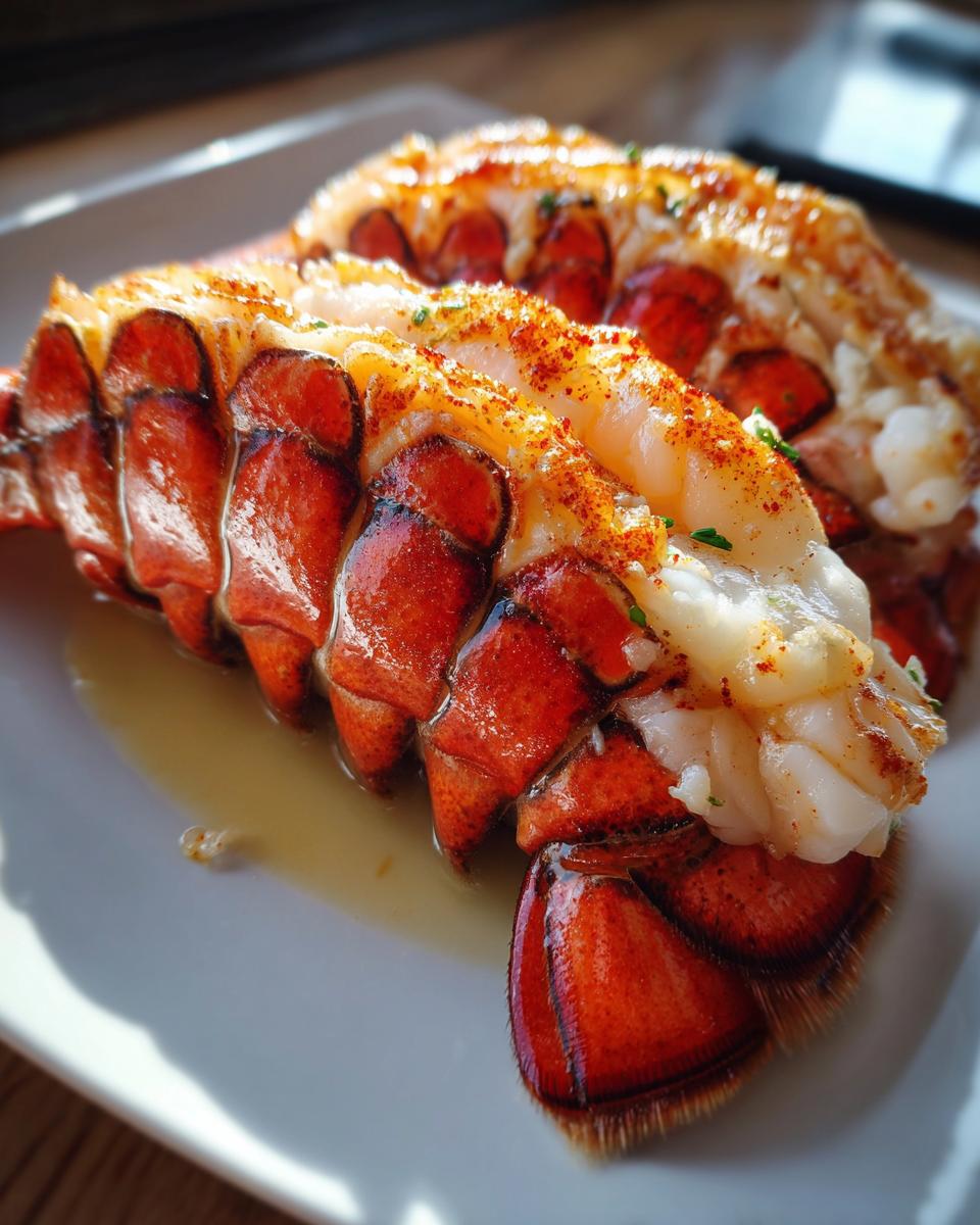 Two bright red lobster tails, split and seasoned, resting in butter sauce after being prepared as Air Fryer Lobster.