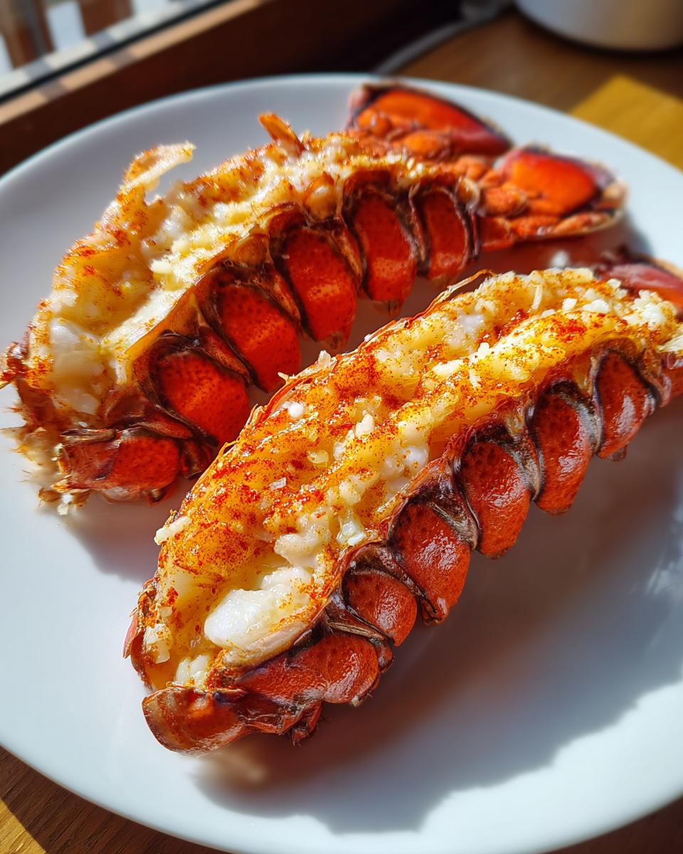 Two bright red, split lobster tails cooked perfectly, seasoned with paprika, ready to eat after using the Air Fryer Lobster recipe.