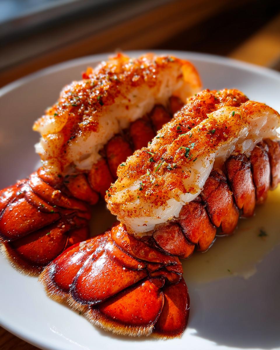 Two succulent, bright red Air Fryer Lobster tails, split open to show seasoned white meat, resting on a white plate.
