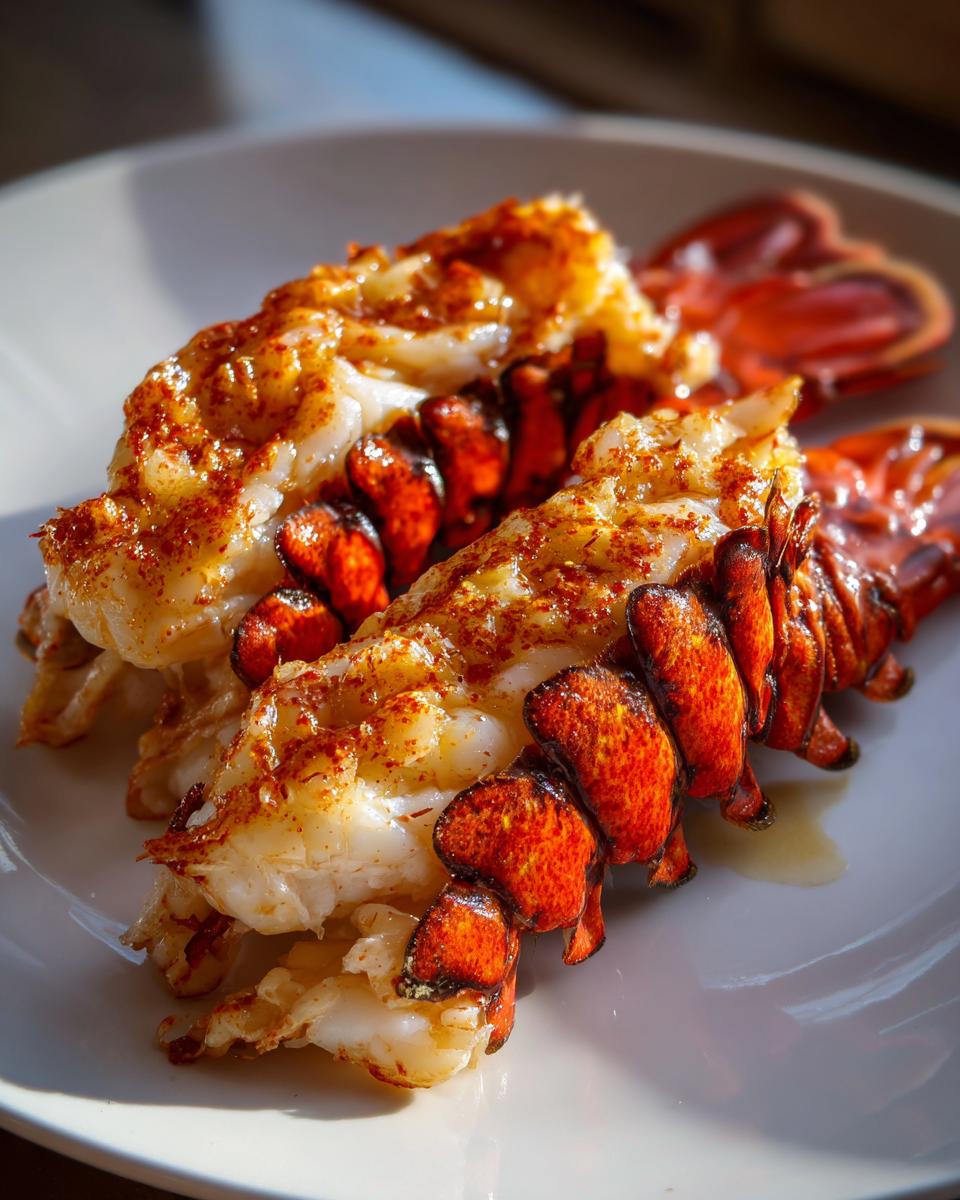 Two seasoned and cooked lobster tails, split and served on a white plate, showing bright red shells and white meat from the Air Fryer Lobster recipe.