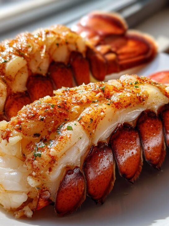 Two succulent, split Air Fryer Lobster tails seasoned with butter and herbs, resting on a white plate.