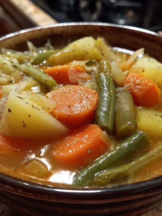Close-up of a rustic bowl filled with chunky, flavorful Vegetable Soup featuring carrots, potatoes, and green beans.