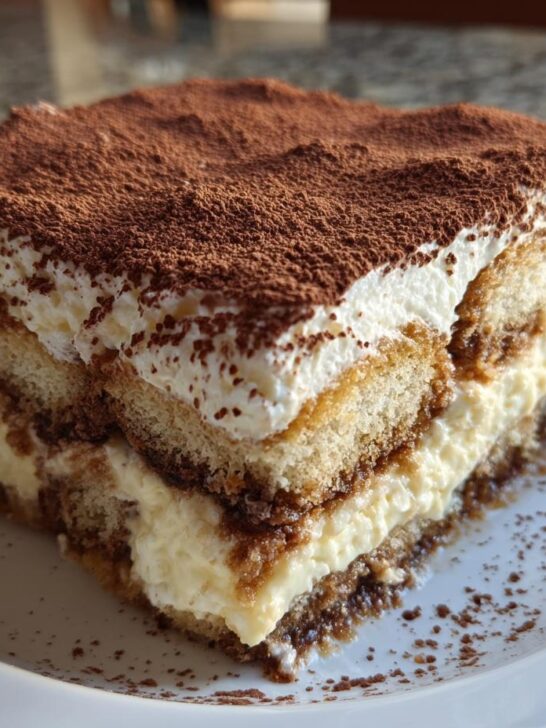 A rich, layered slice of Tiramisu dessert topped generously with cocoa powder, sitting on a white plate.
