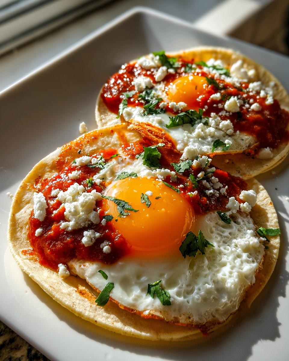 Two delicious Huevos Rancheros Tacos topped with sunny-side-up eggs, red salsa, cotija cheese, and cilantro.