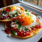 Two Huevos Rancheros Tacos topped with bright orange yolks, red salsa, cotija cheese, and cilantro.