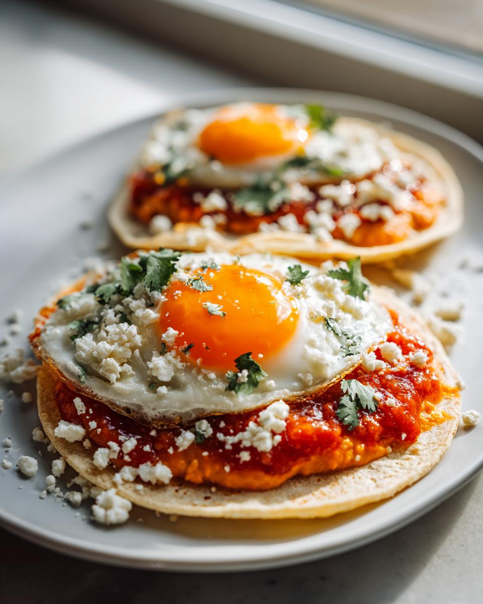 Two Huevos Rancheros Tacos on a white plate, topped with fried eggs, red salsa, cotija cheese, and cilantro.