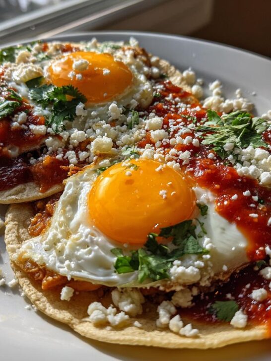 Two delicious Huevos Rancheros Tacos topped with sunny-side-up eggs, red salsa, cotija cheese, and cilantro.