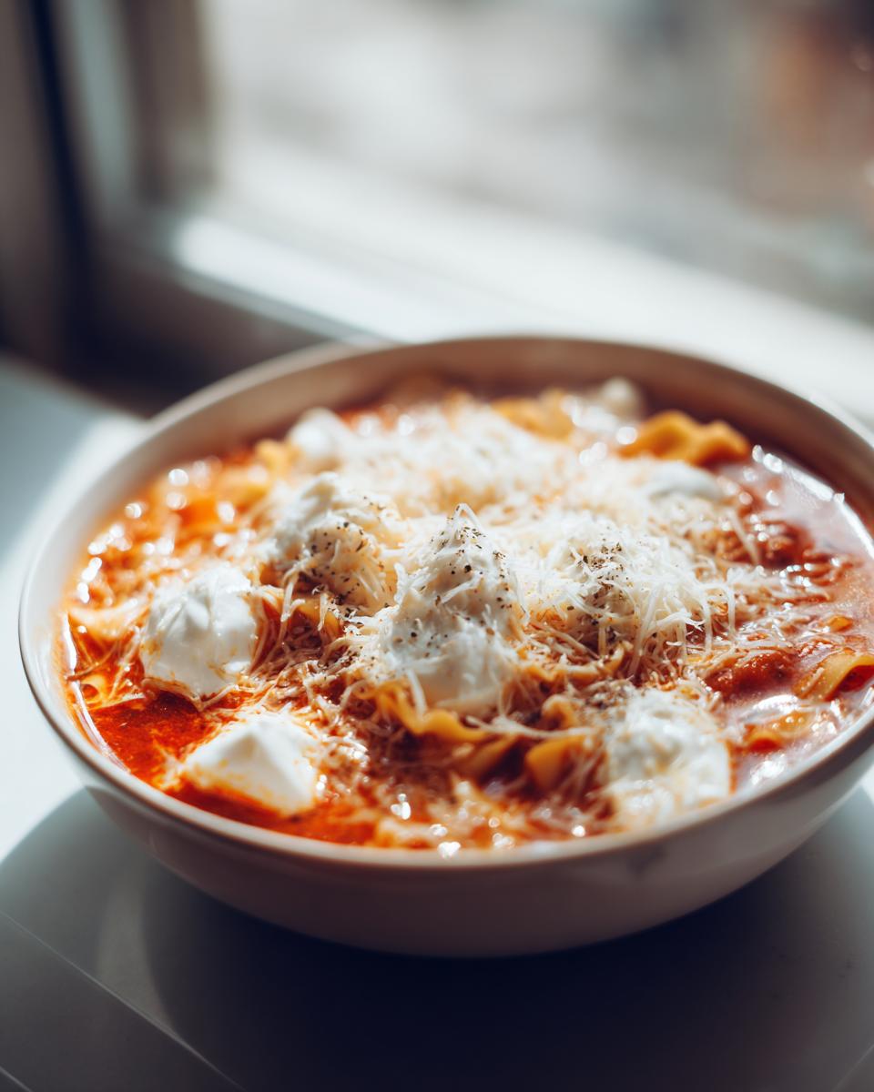 Close-up of a bowl of rich, red Lasagna Soup garnished with dollops of ricotta and shredded Parmesan cheese.