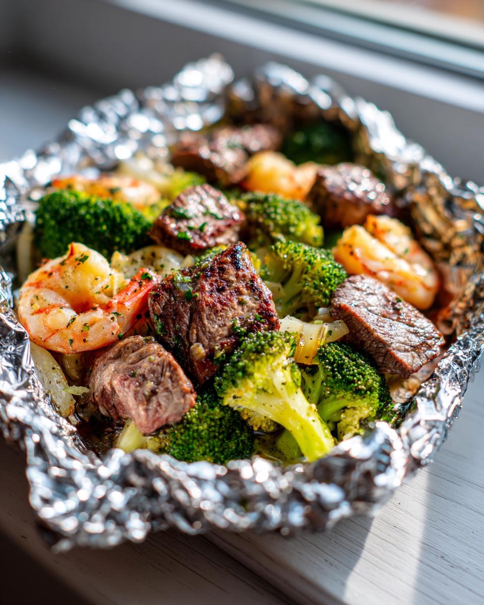Close-up of cooked steak pieces, shrimp, and bright green broccoli inside a foil packet for Surf And Turf Foil Packs.