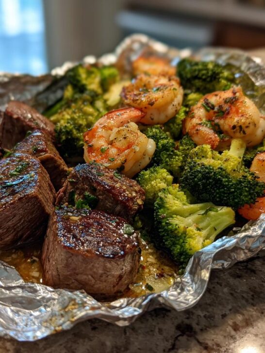 Close-up of cooked steak medallions, shrimp, and broccoli inside a foil pack for Surf And Turf Foil Packs.