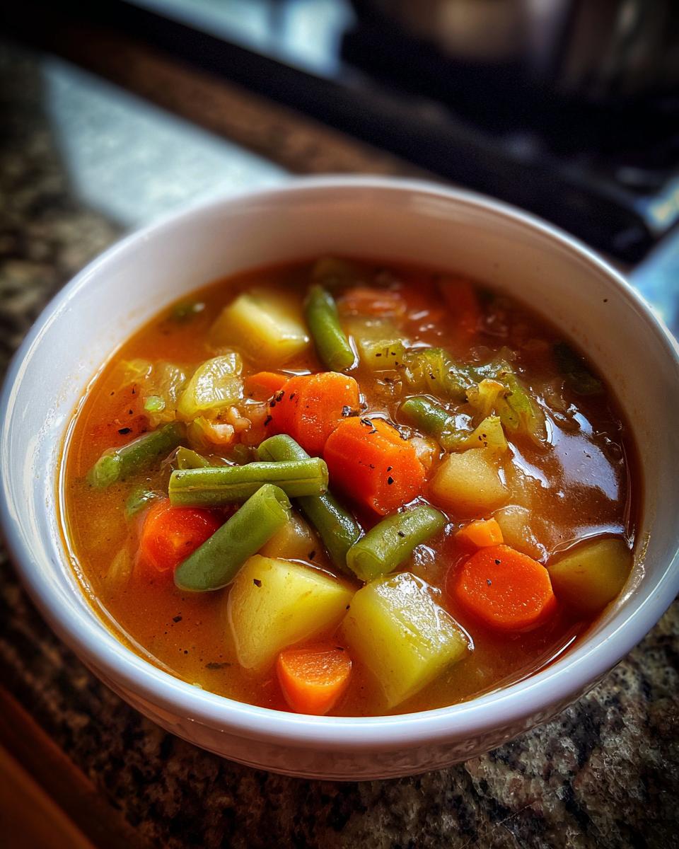 Close-up of a white bowl filled with chunky Vegetable Soup featuring potatoes, carrots, and green beans in a rich broth.
