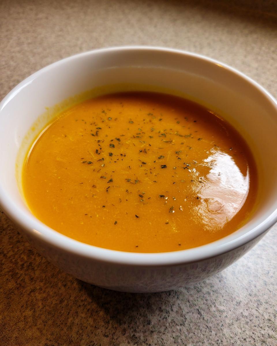 Close-up of a white bowl filled with creamy, orange Apple Cheddar Sweet Potato Soup, garnished with dried herbs.