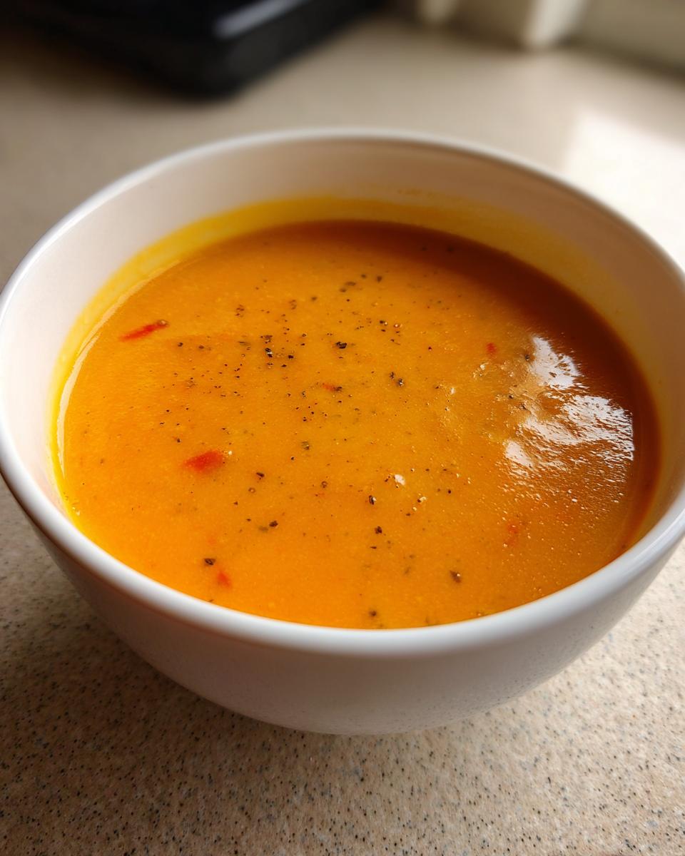 Close-up of a white bowl filled with vibrant orange Apple Cheddar Sweet Potato Soup, topped with black pepper.