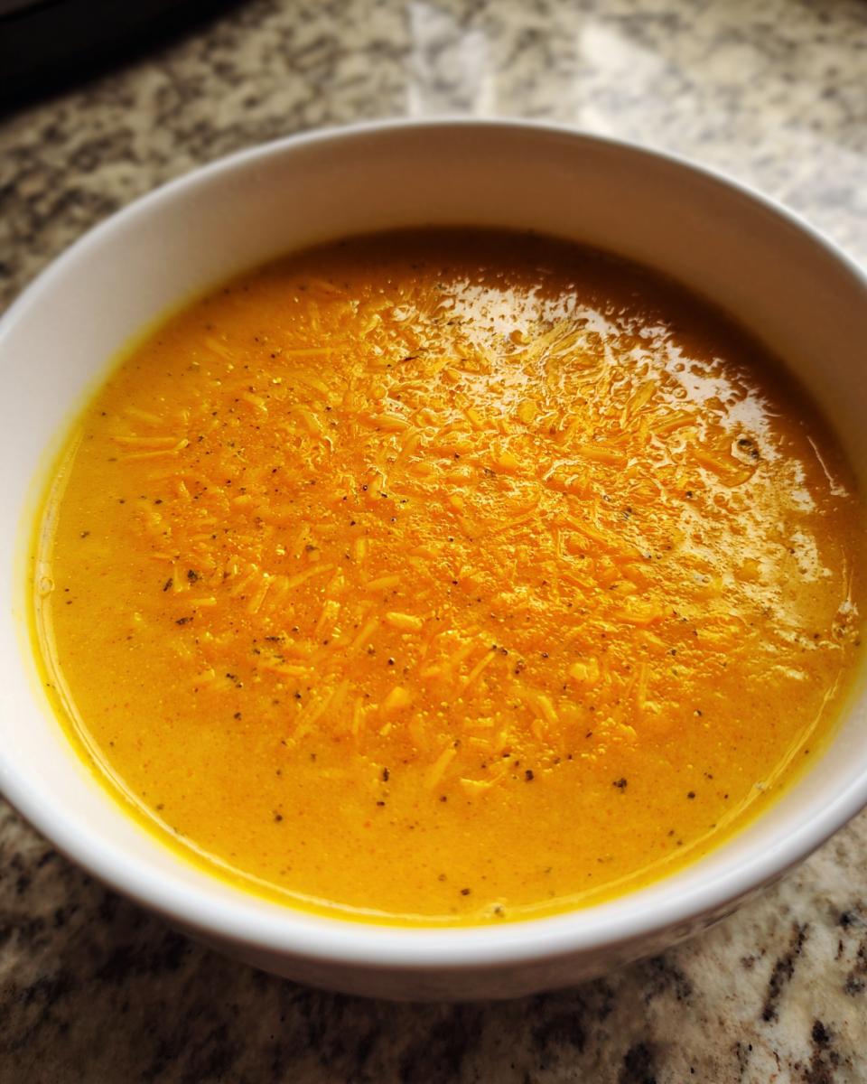 Close-up of creamy Apple Cheddar Sweet Potato Soup topped with shredded cheddar cheese and black pepper.