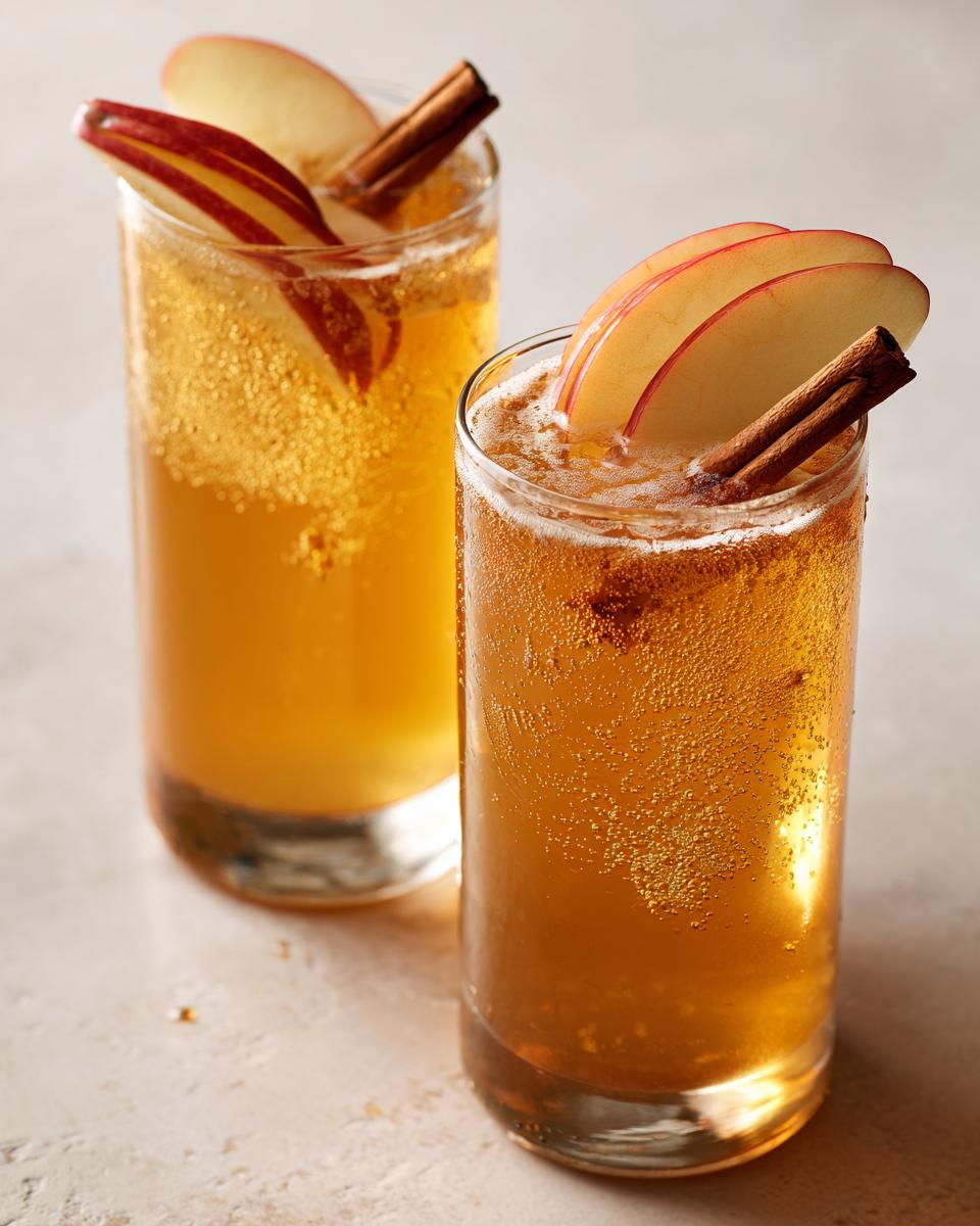 Two tall glasses filled with a fizzy, golden Apple Cider Mocktail, garnished with apple slices and cinnamon sticks.