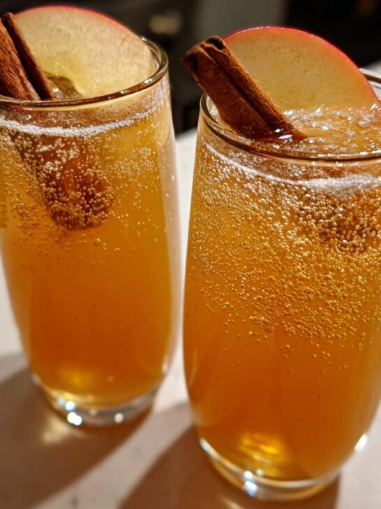 Two tall glasses filled with a fizzy, amber Apple Cider Mocktail, garnished with apple slices and cinnamon sticks.
