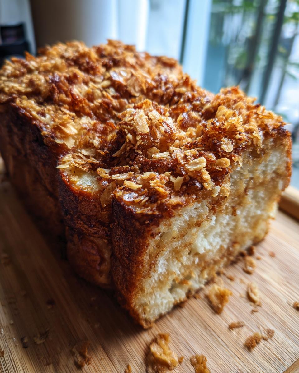 Close-up of a baked loaf of Baked Crunch Cinnamon French Toast with a thick, crunchy topping.