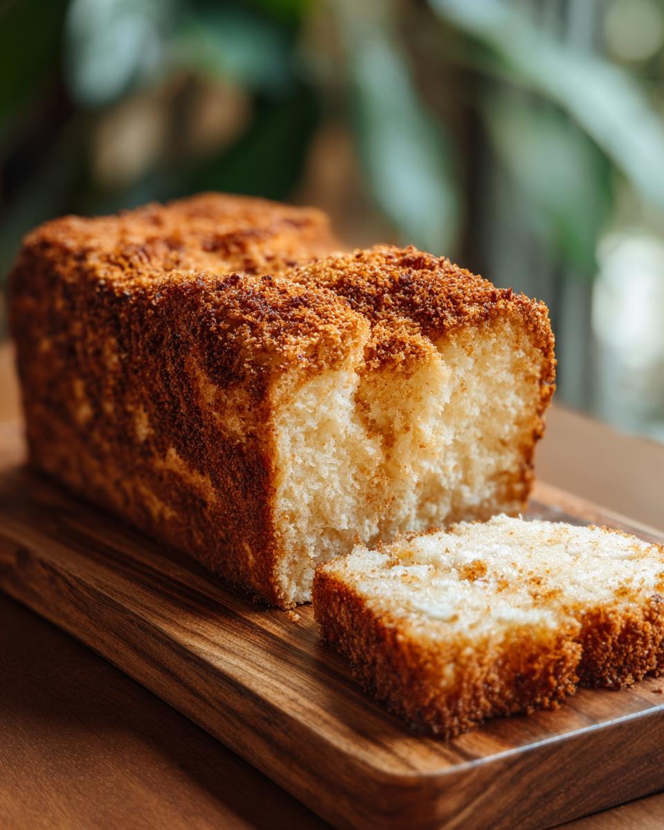 Close-up of Baked Crunch Cinnamon French Toast loaf with a thick, crunchy cinnamon topping, one slice cut.