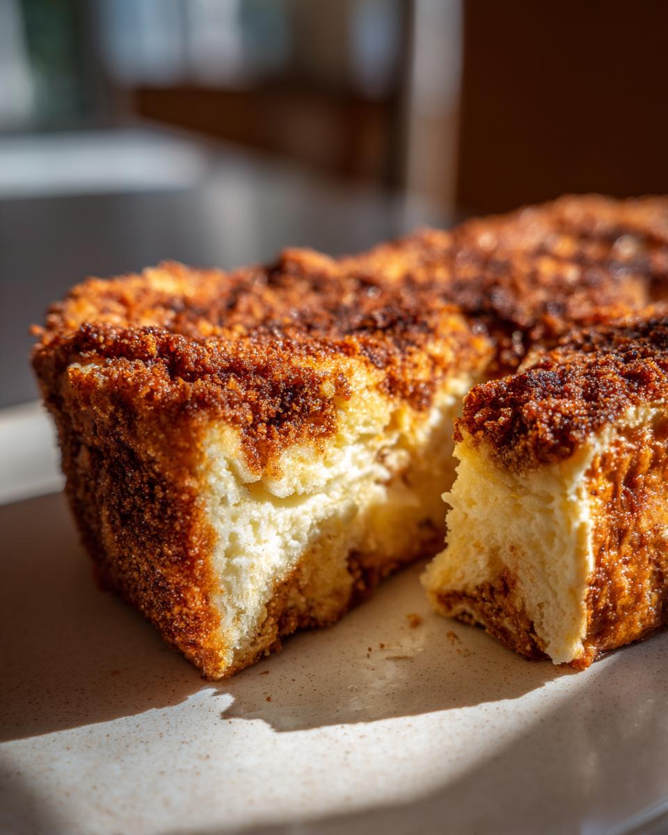 A close-up view of a thick slice of Baked Crunch Cinnamon French Toast showing the soft interior and crunchy cinnamon topping.