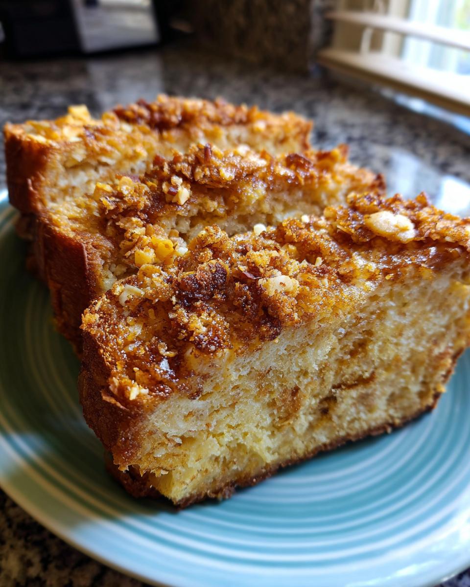 Close-up of three thick slices of Baked Crunch Cinnamon French Toast with a crunchy, caramelized topping.