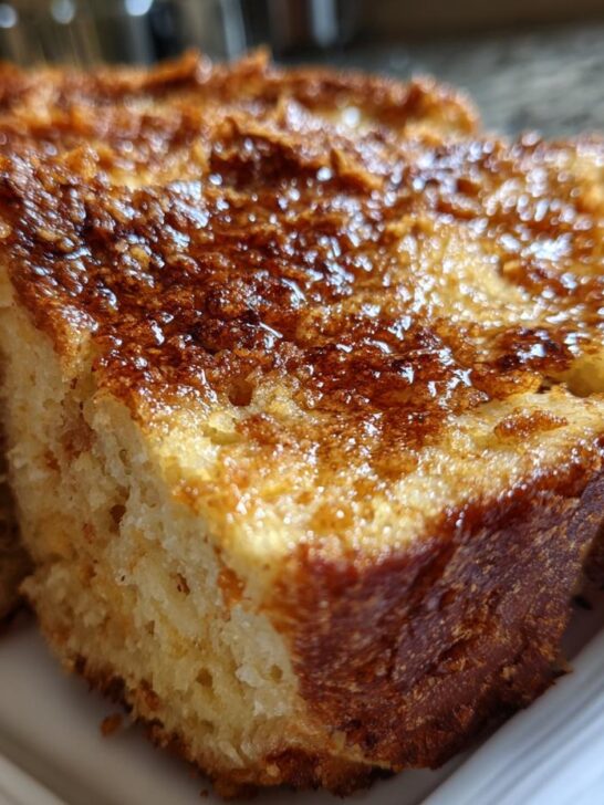 Close-up of thick slices of Baked Crunch Cinnamon French Toast showing a golden, caramelized, crunchy top layer.