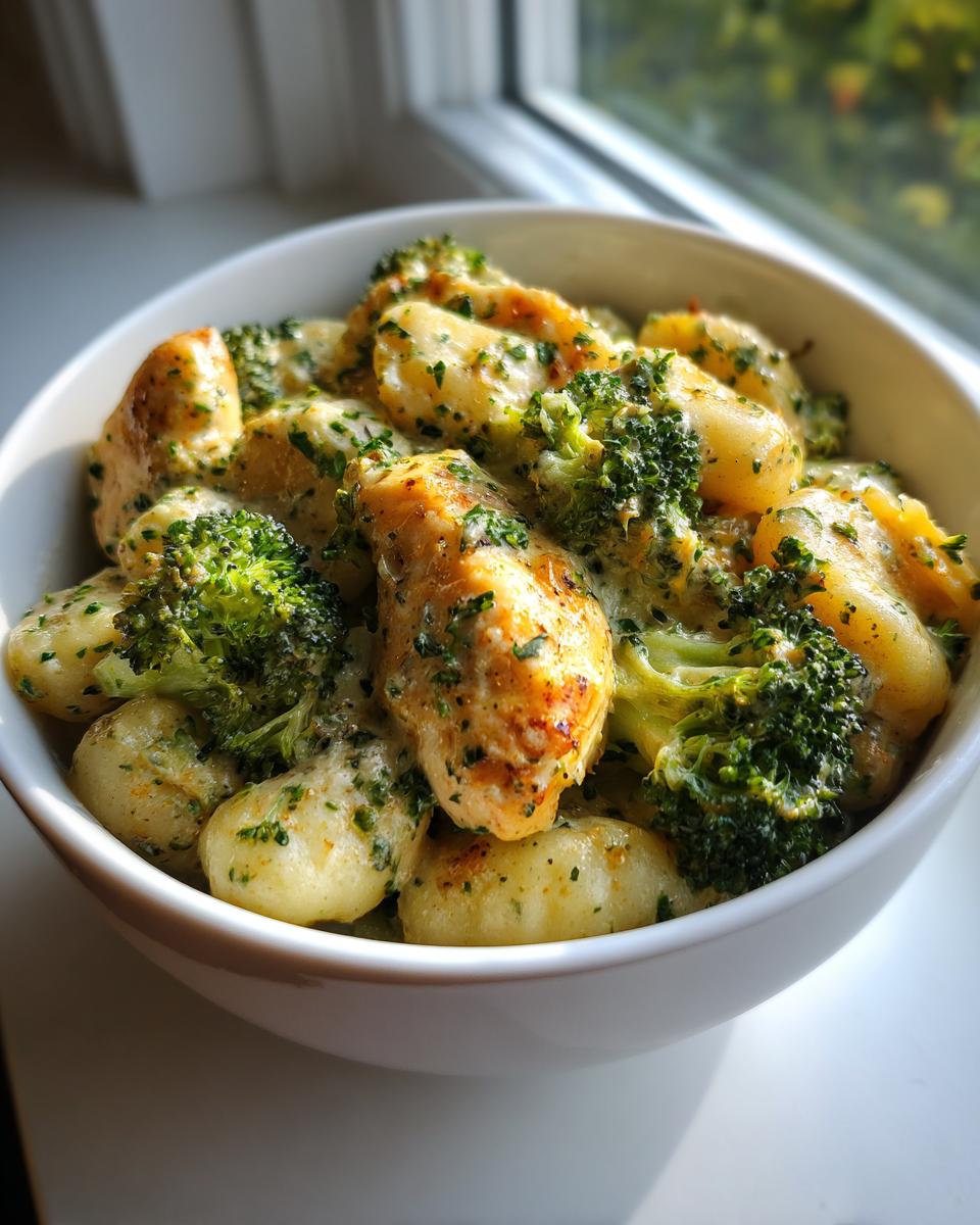 A white bowl filled with creamy Baked Garlic Chicken Broccoli Gnocchi Recipe, garnished with parsley.