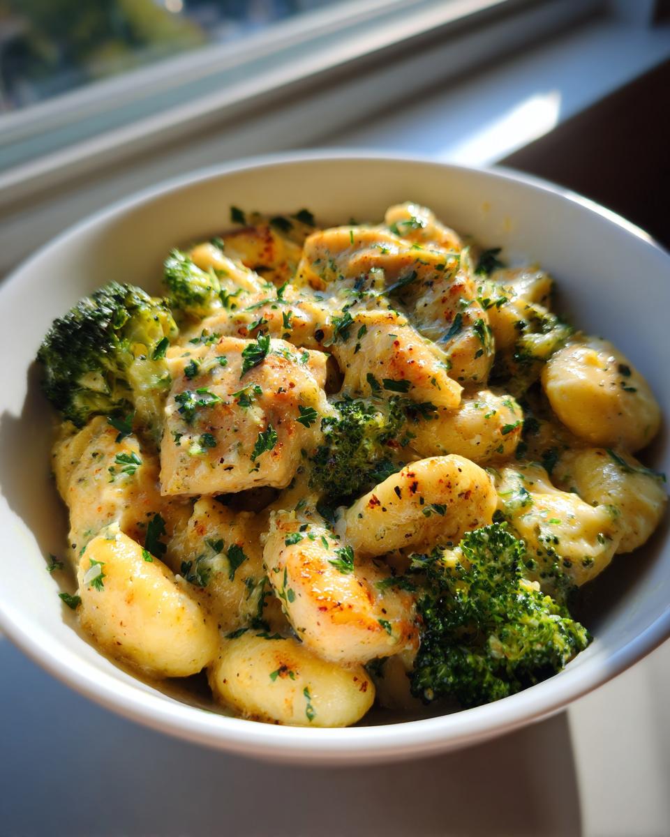 A white bowl filled with creamy Baked Garlic Chicken Broccoli Gnocchi Recipe, garnished with parsley.