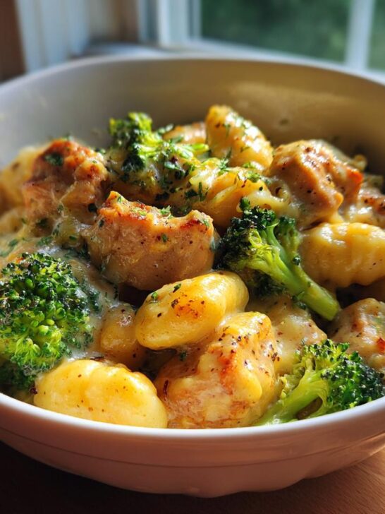 A white bowl filled with creamy Baked Garlic Chicken Broccoli Gnocchi Recipe, garnished with parsley.