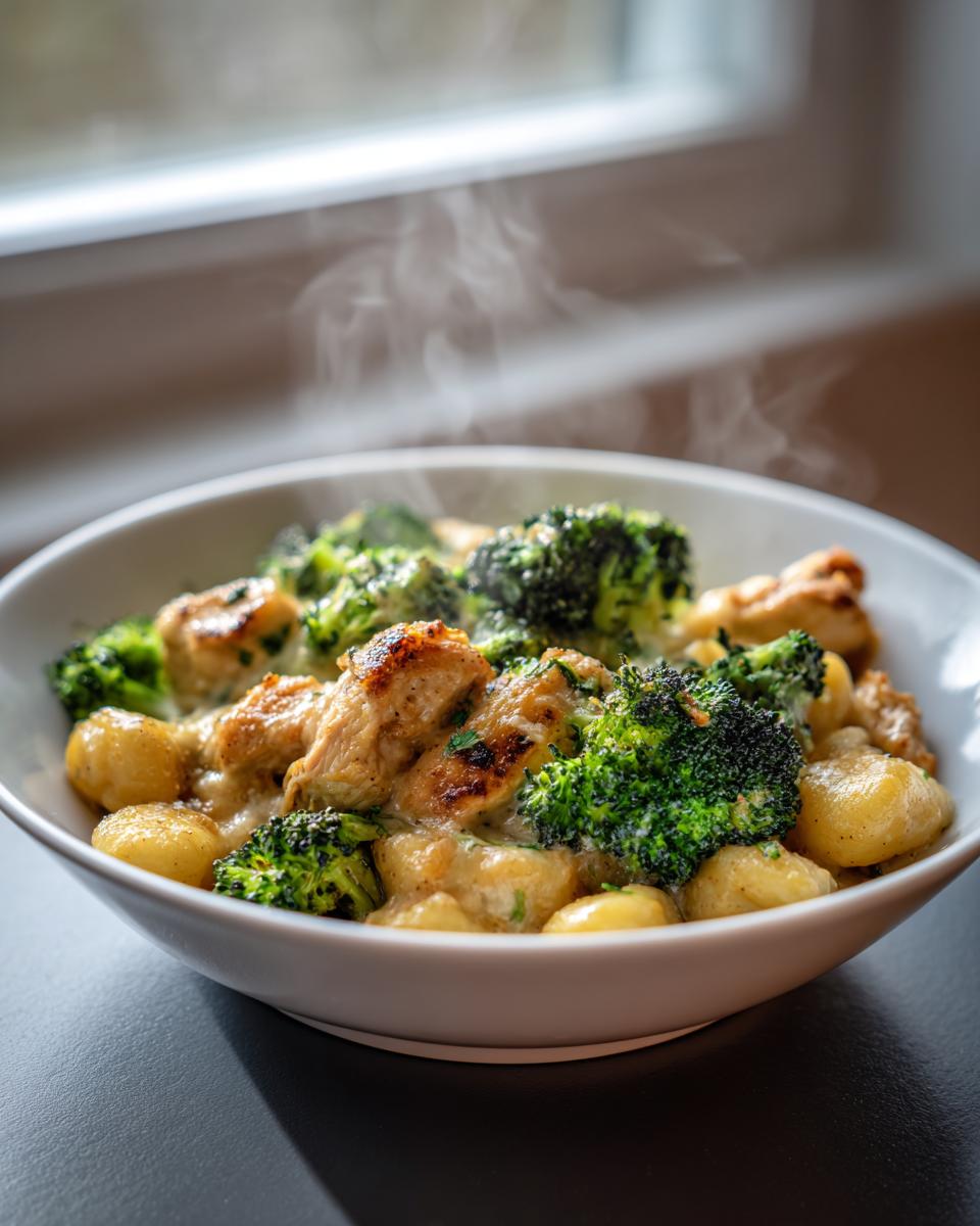 Close-up of hot Baked Garlic Chicken Broccoli Gnocchi Recipe steaming in a white bowl.