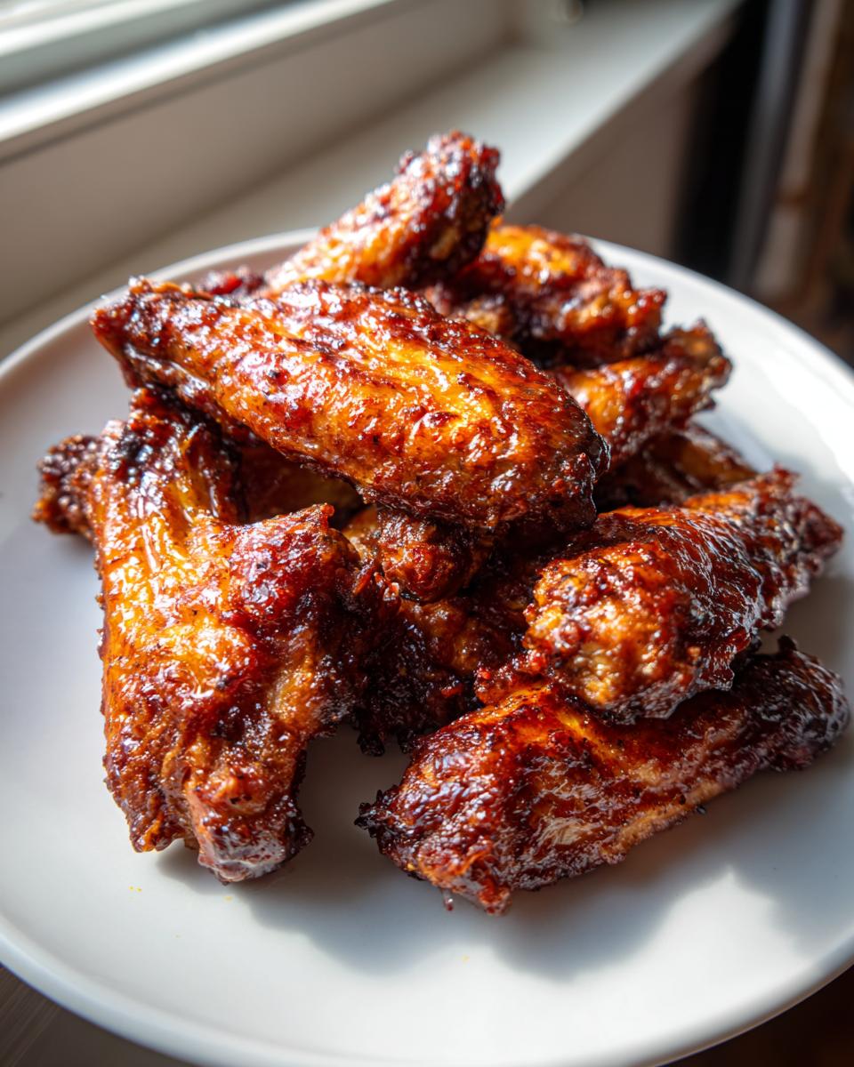 A pile of glossy, caramelized Baked Jamaican Jerk Chicken Wings stacked high on a white plate.