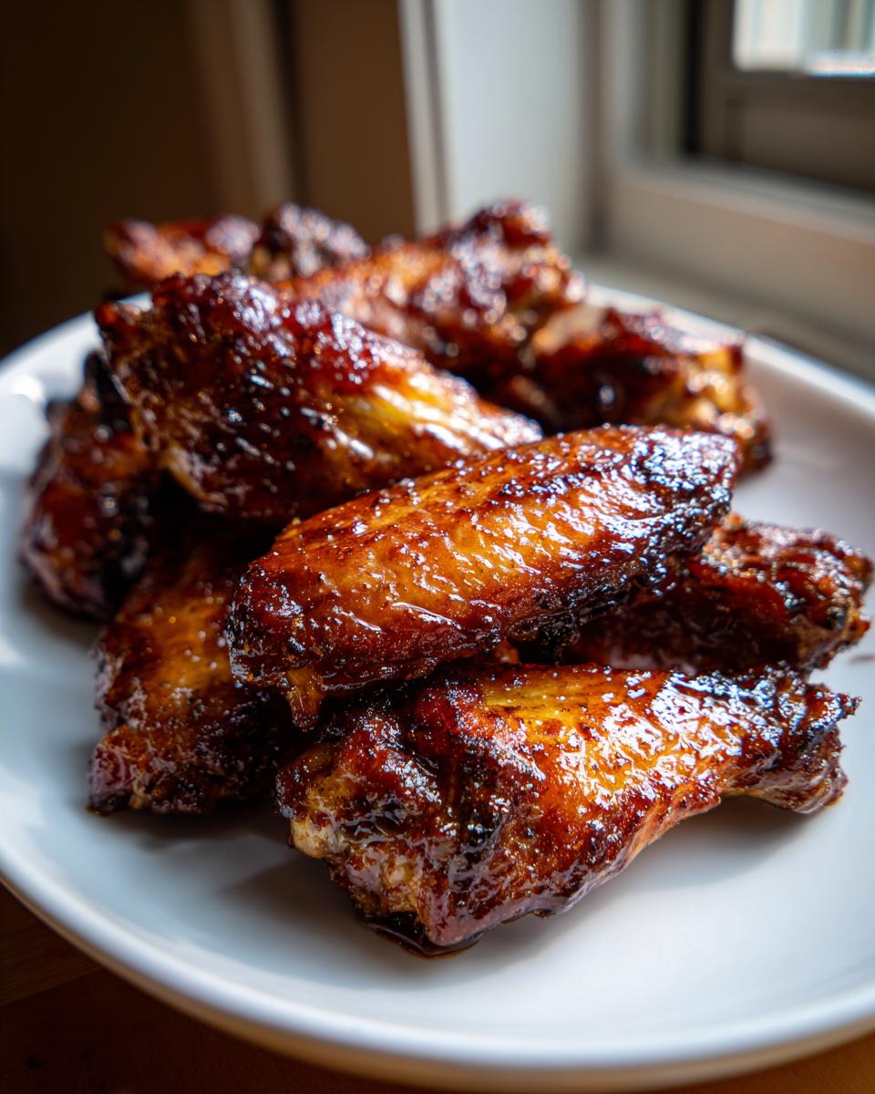 Close-up of glossy, dark brown Baked Jamaican Jerk Chicken Wings piled on a white plate.