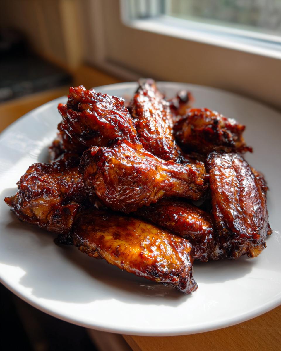 Close-up of sticky, glazed Baked Jamaican Jerk Chicken Wings piled on a white plate near a window.