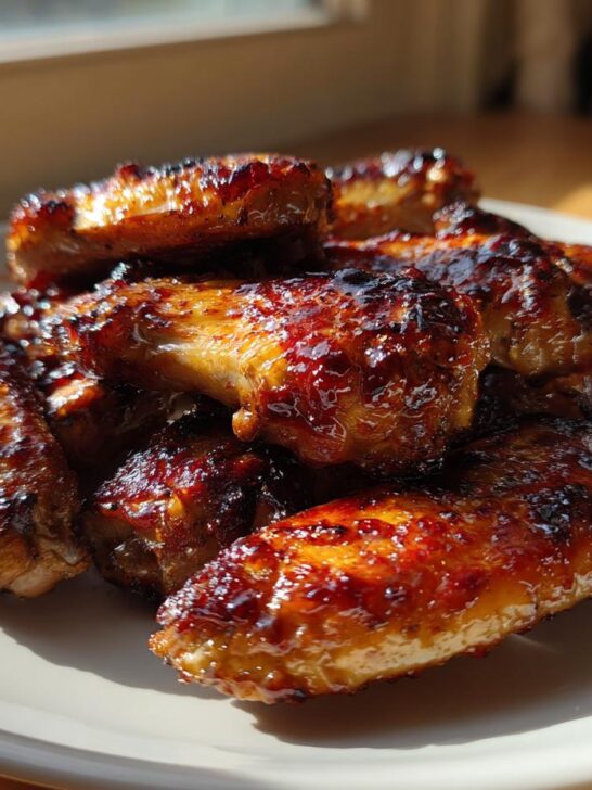 A pile of glistening, caramelized Baked Jamaican Jerk Chicken Wings on a white plate, catching the sunlight.